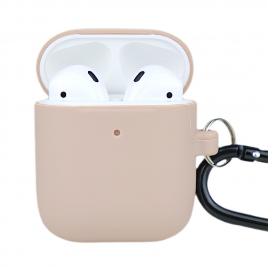 Чехол силиконовый для беспроводных наушников Apple AirPods с карабином Пудровый